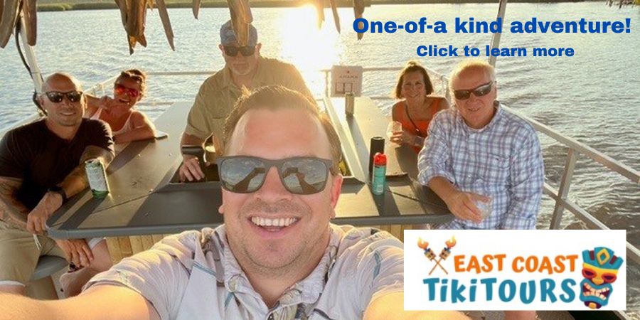 6 people with drinks on a Tiki Tour Boat in Sebastian Florida